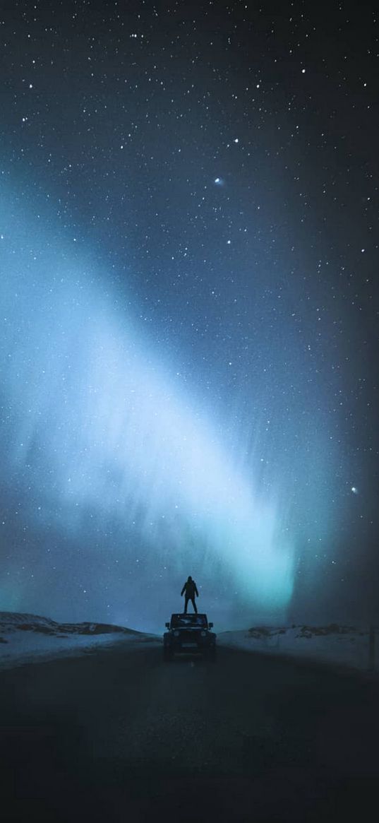 road, snow, car, northern lights, starry sky, nature, person