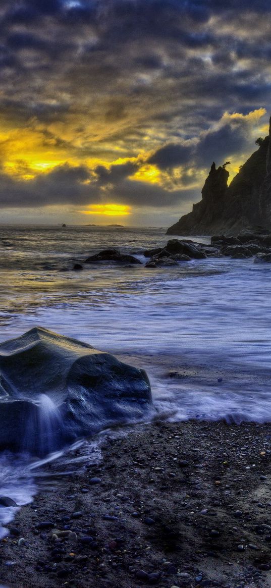 coast, stones, water, streams, sea, evening, decline, colors, twilight