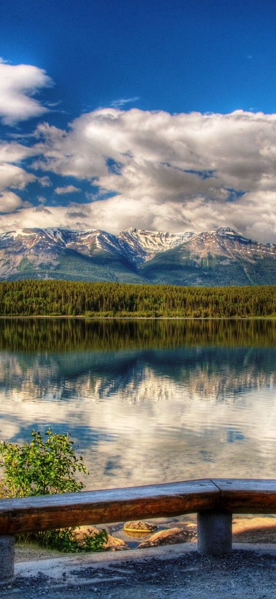 benches, coast, lake, landscape, mountains, picturesque, sky, clouds, reflection, clearly, day