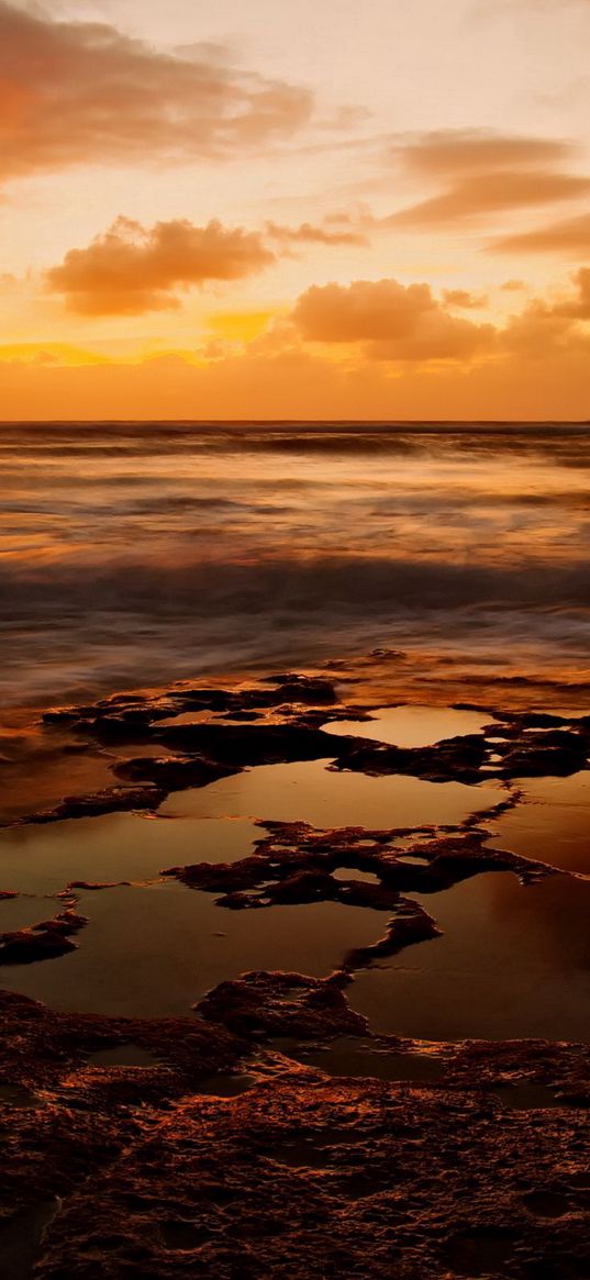 coast, stony, sea, pools, water, decline, evening, sky, landscape, waves