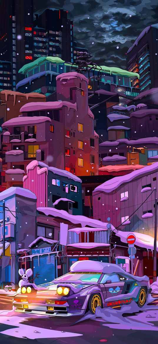 cyberpunk, winter, houses, car, art, snow