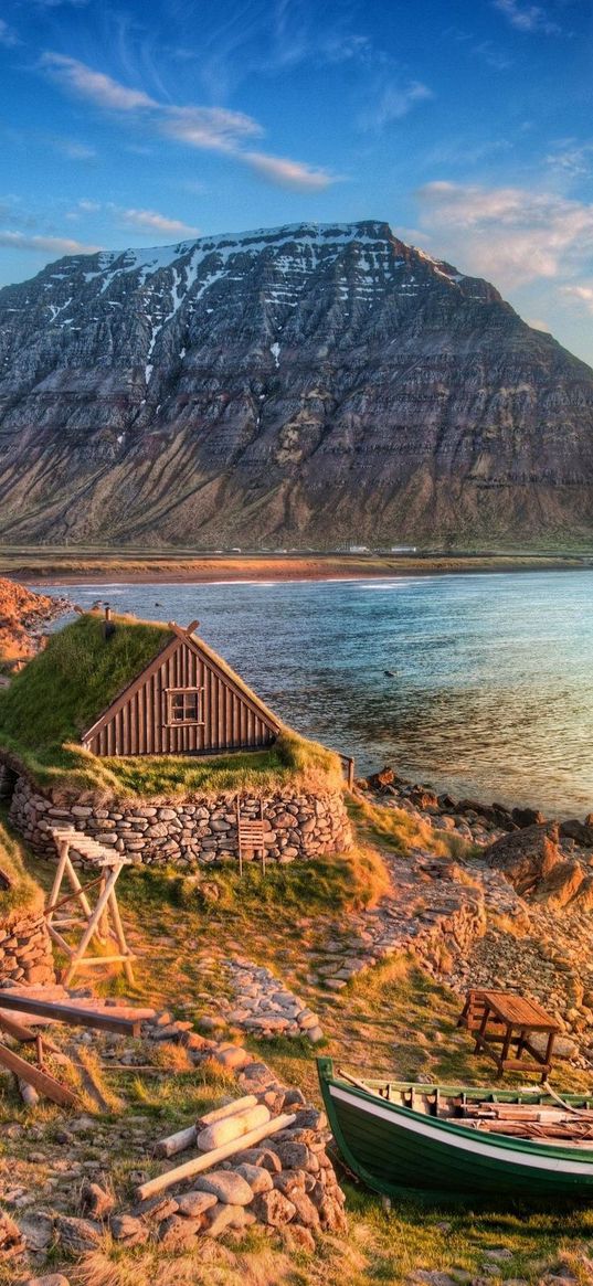 boat, coast, lodges, constructions, mountains, lake, purity