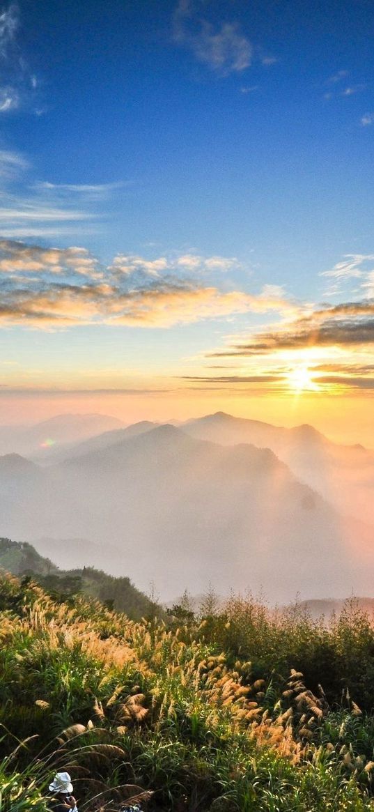 mountains, height, look, sun, light, clouds, path, tourists