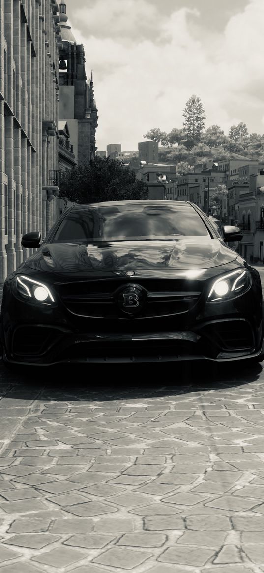 brabus, mercedes, car, black, street, houses, city, black and white