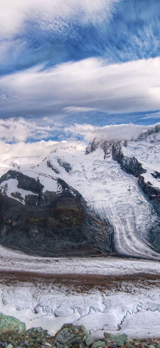 mountains, sky, snow, clouds, dirty