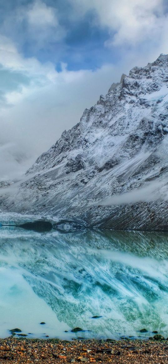 mountains, lake, ice, reflection, stones, coast, cold, freshness, clouds