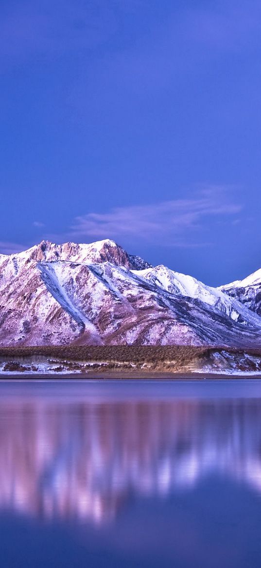 mountains, coast, snow-covered, reflection, sky, blue