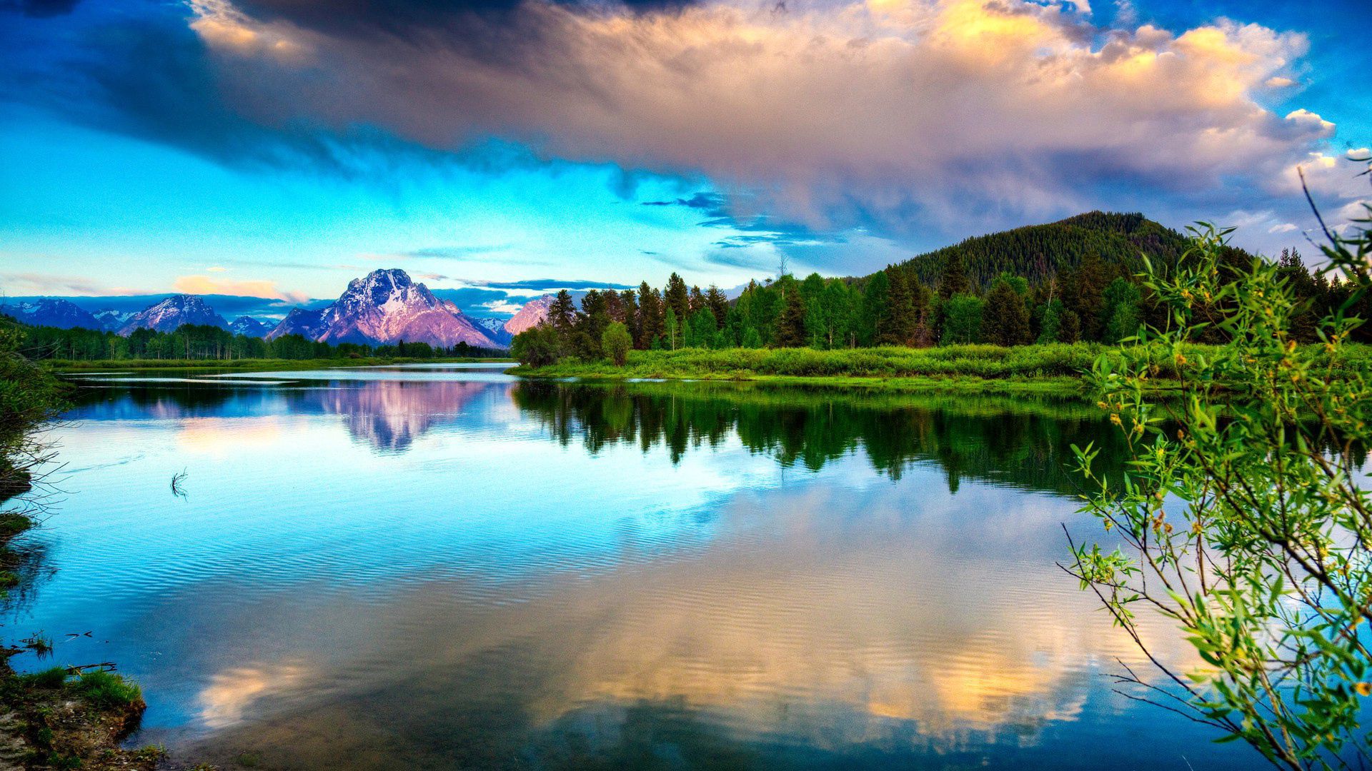 lake, mountains, clouds, smooth surface, reflection, sky, brightly, branches