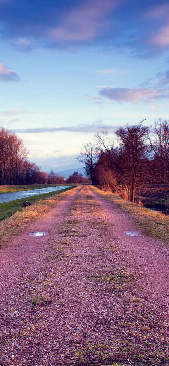 road, stony, river, trees, way, clouds, sky, pools, grass