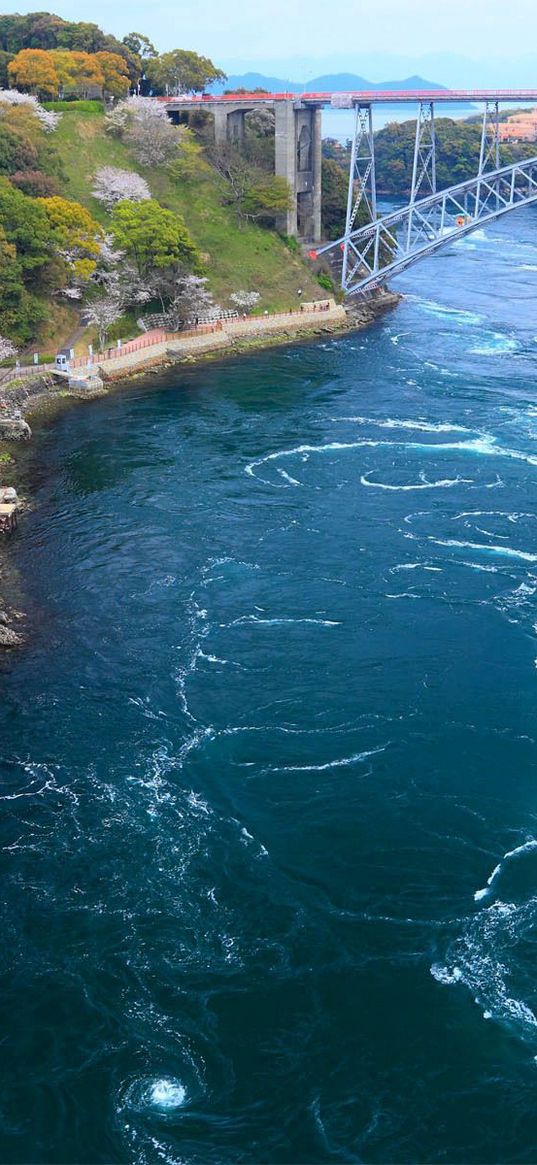 bridge, sea, from above, embankment, trees, flowering, current, streams