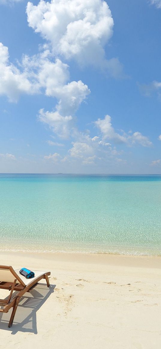 beach, sand, chairs, resort, sky, clouds, bungalow, huts, blue, clearly, horizon, relax