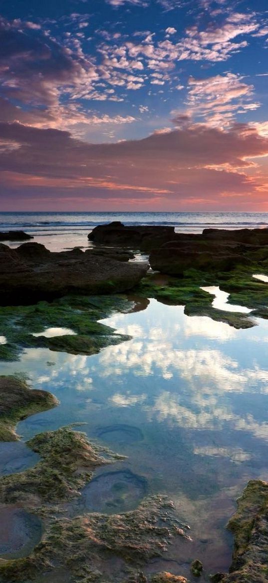 reeves, decline, sun, light, outflow, pools, rocks, stones, sea, coast, evening, silence, sky