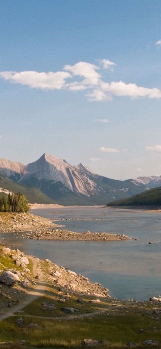 mountains, lake, shadows, trees, stones, sharp, sky, clouds, silence, serenity, september