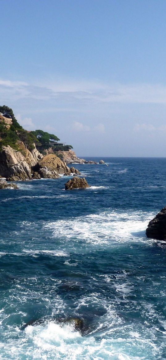 rocks, sea, coast, stones, cuts, dark blue, trees, foam, horizon, force