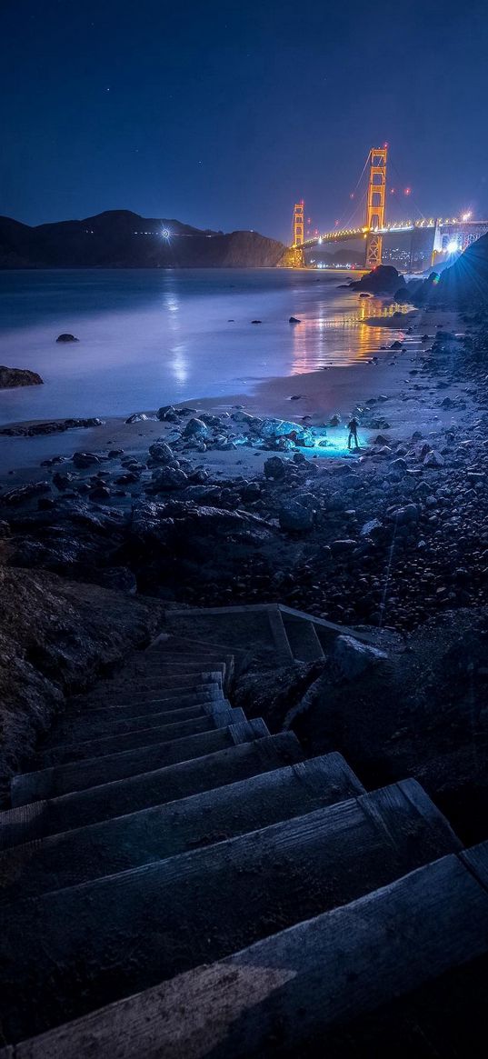 ladder, shore, sea, beach, bridge, blue sky, night, human