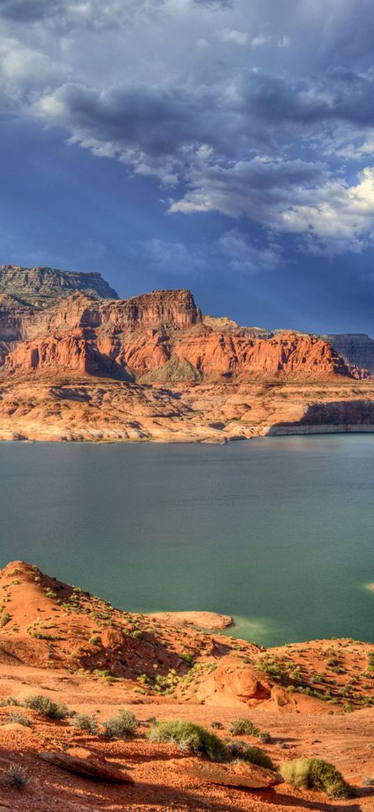 canyons, lake, bushes, mountains, clouds, sky, gray, cloudy, light