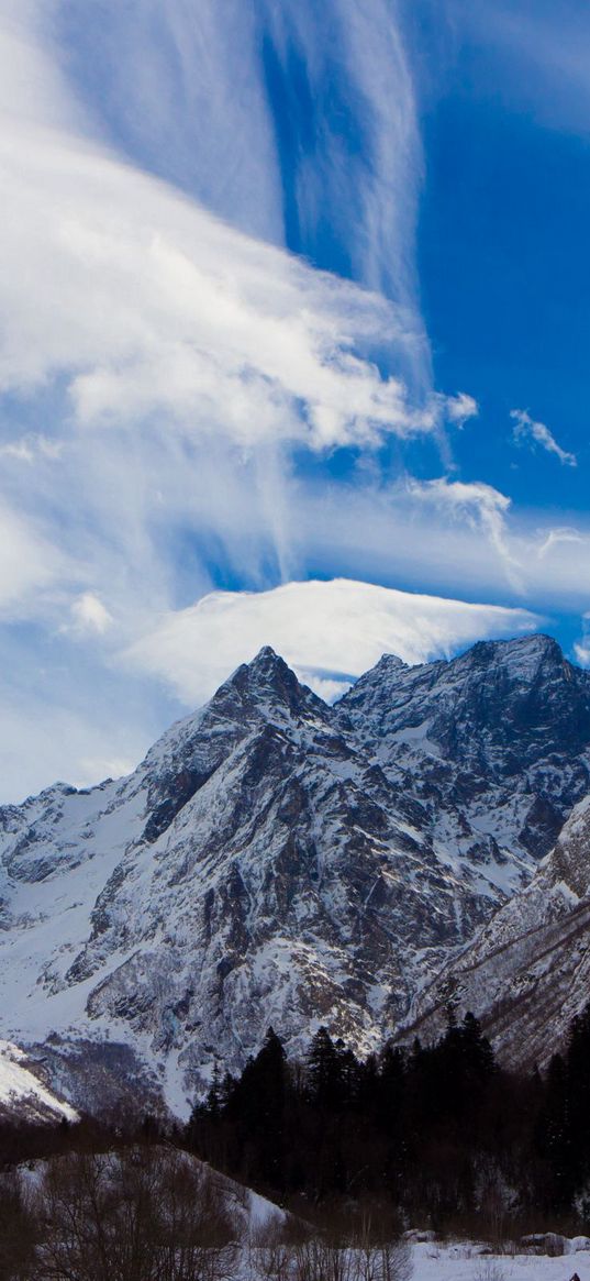 sky, blue, clouds, lungs, mountains, greatness, snow-covered, tops, contrast