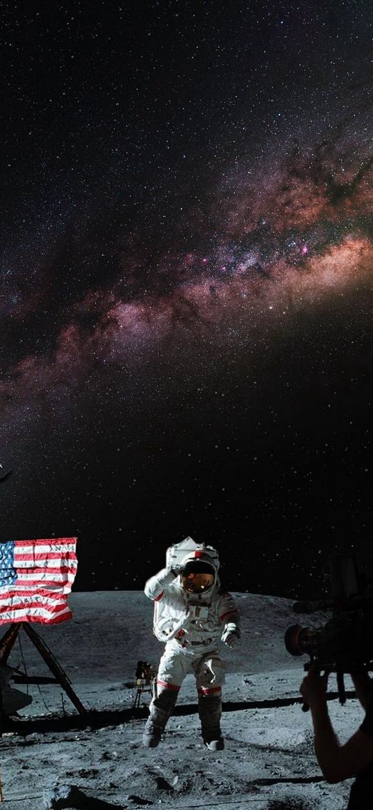 astronaut, flag, cameras, shooting, milky way