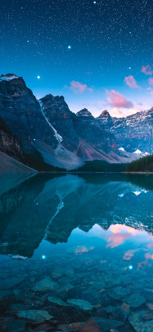 lake, reflection, mountain, sand, ice, forest, blue sky, clouds, stars