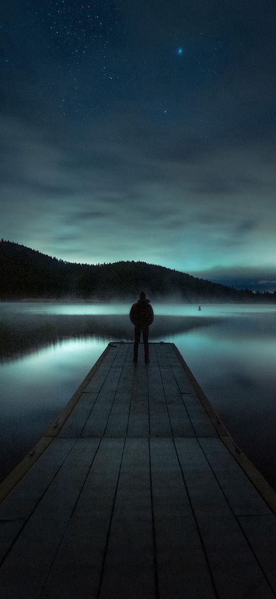 pier, human, lake, reflection, mountain, northern lights, sky, night, stars