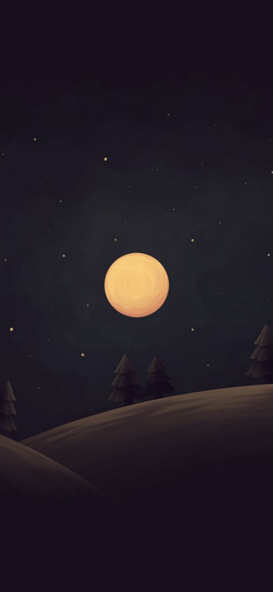 moon, stars, trees, winter night, art