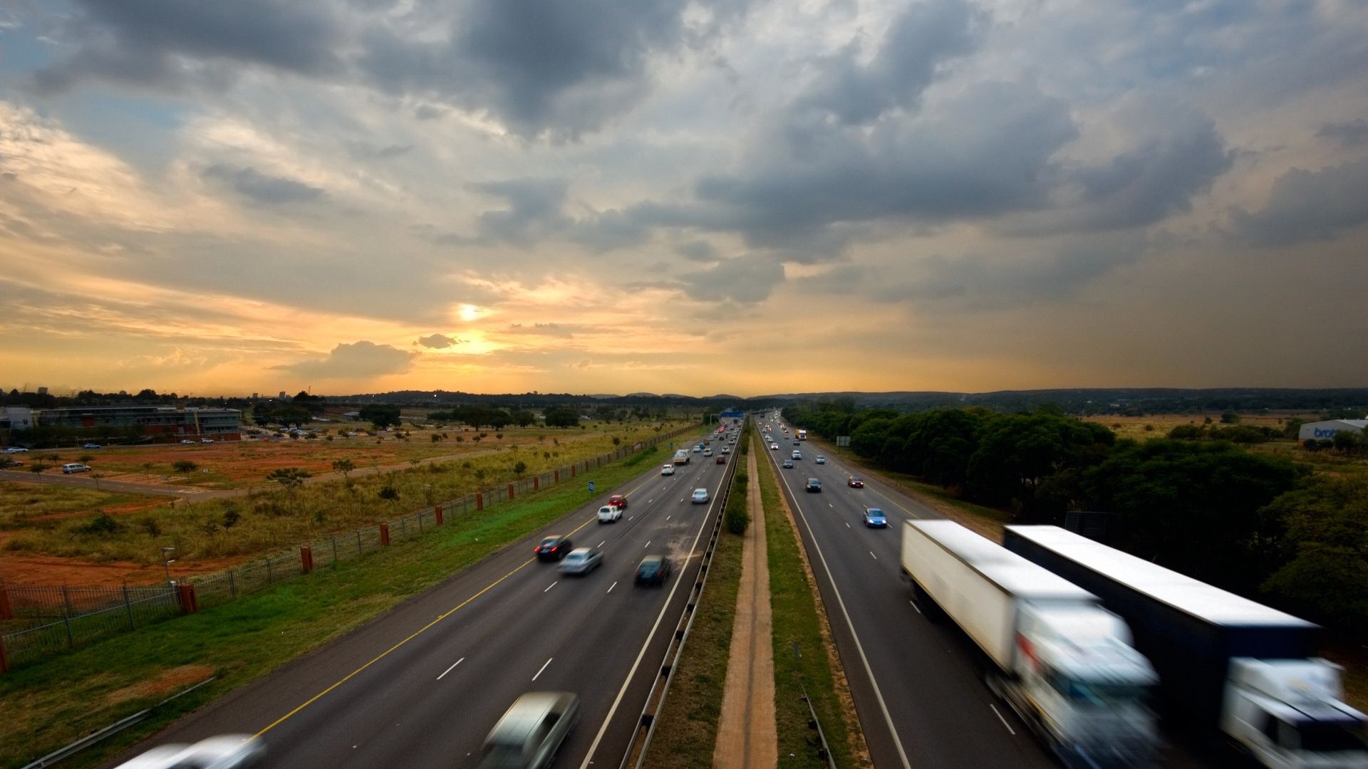 road, traffic, cars, sky, sunset