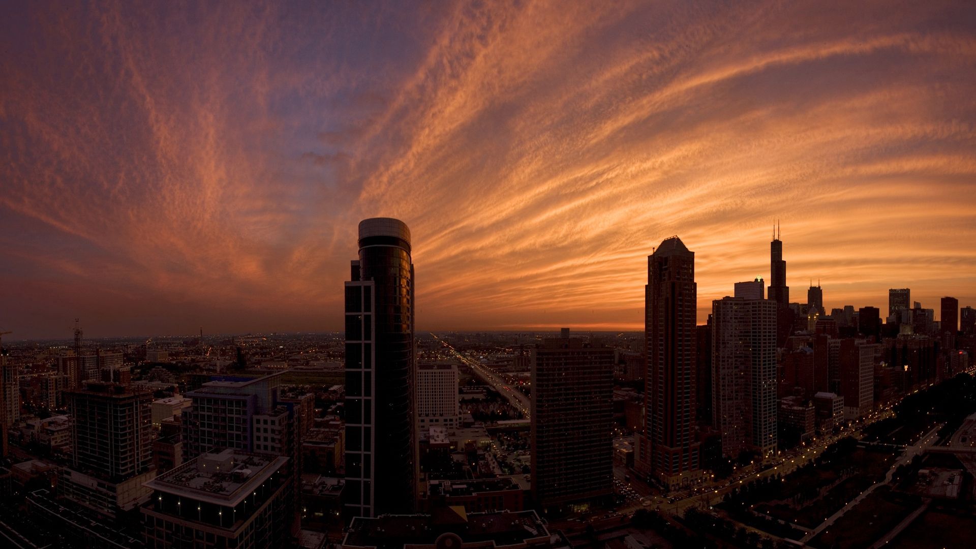 skyscrapers, houses, streets, traffic, metropolis, sky, clouds, dawn