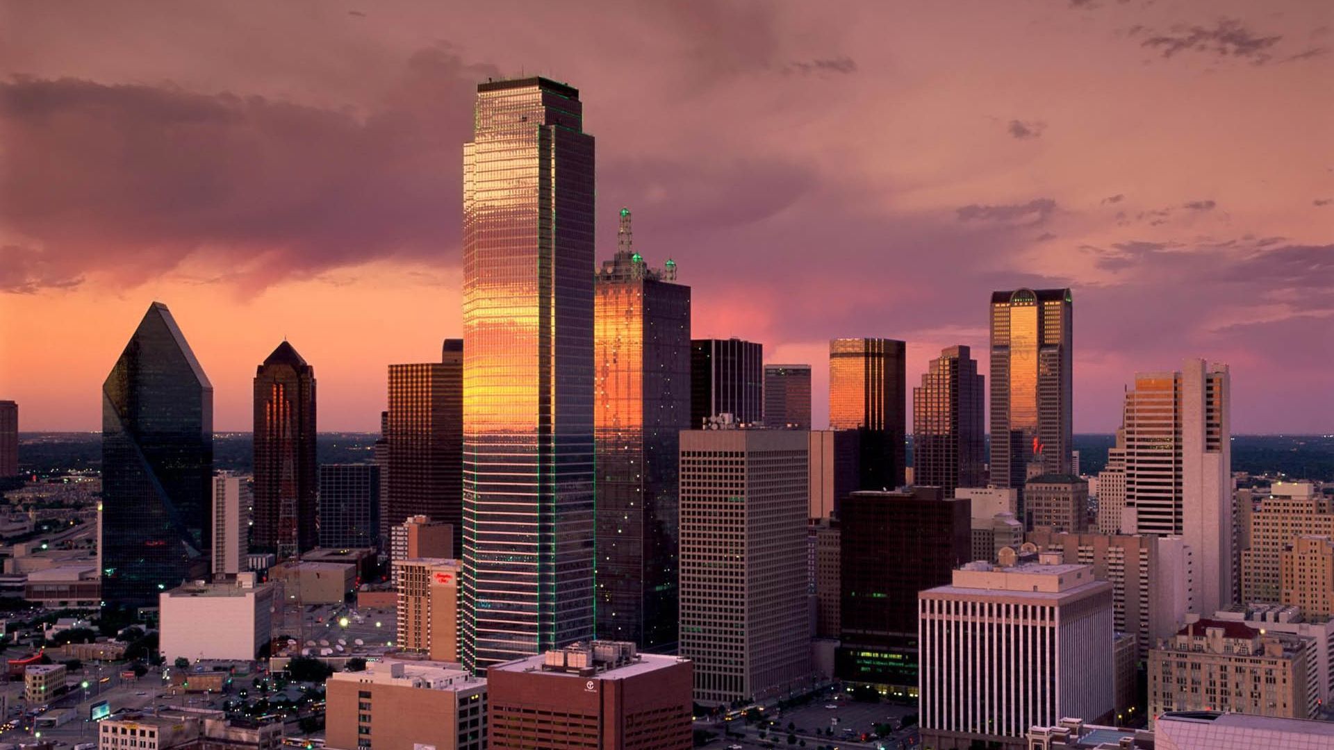 dallas, texas, skyscrapers, sunset