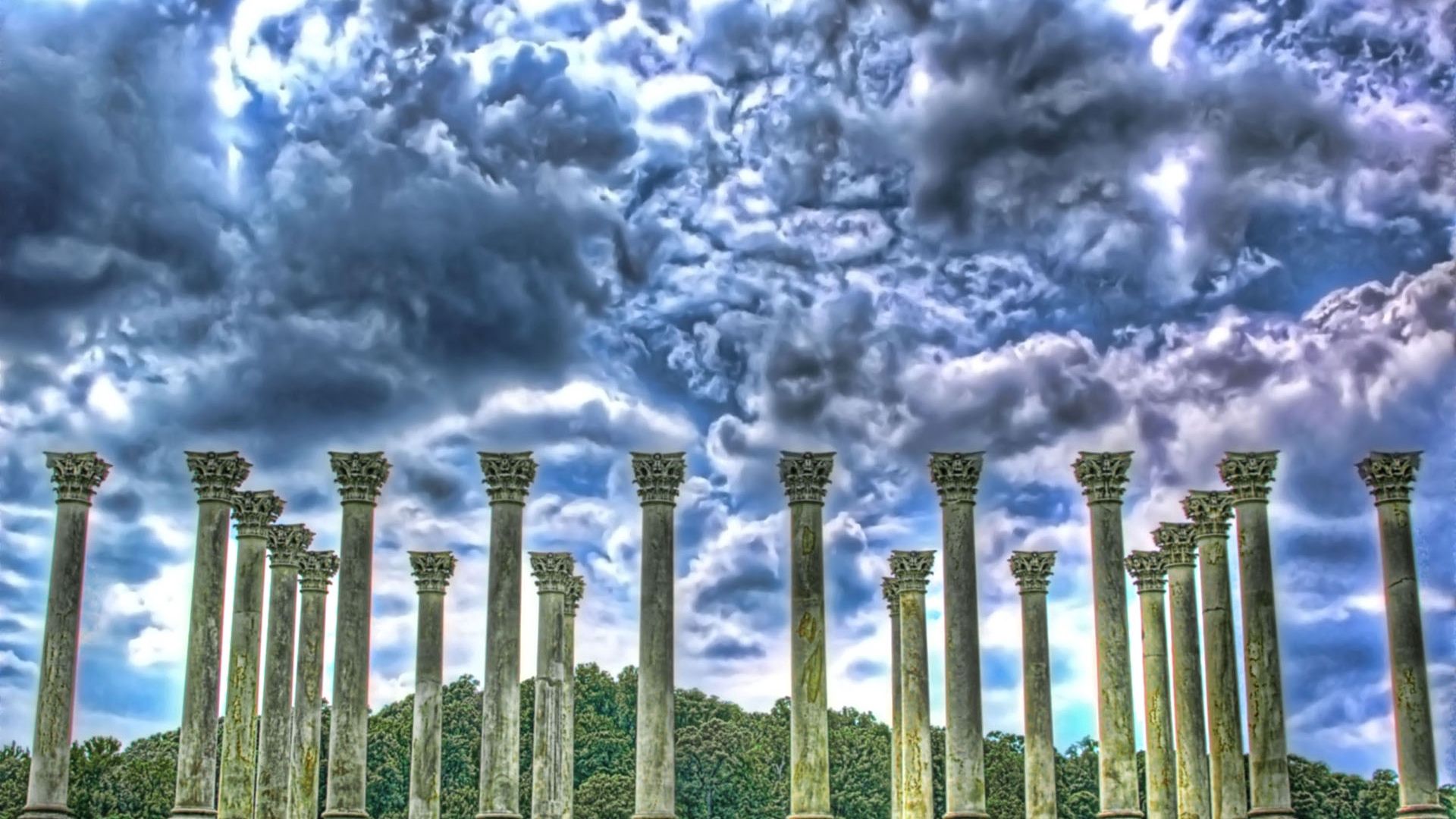 columns, sky, clouds, hdr