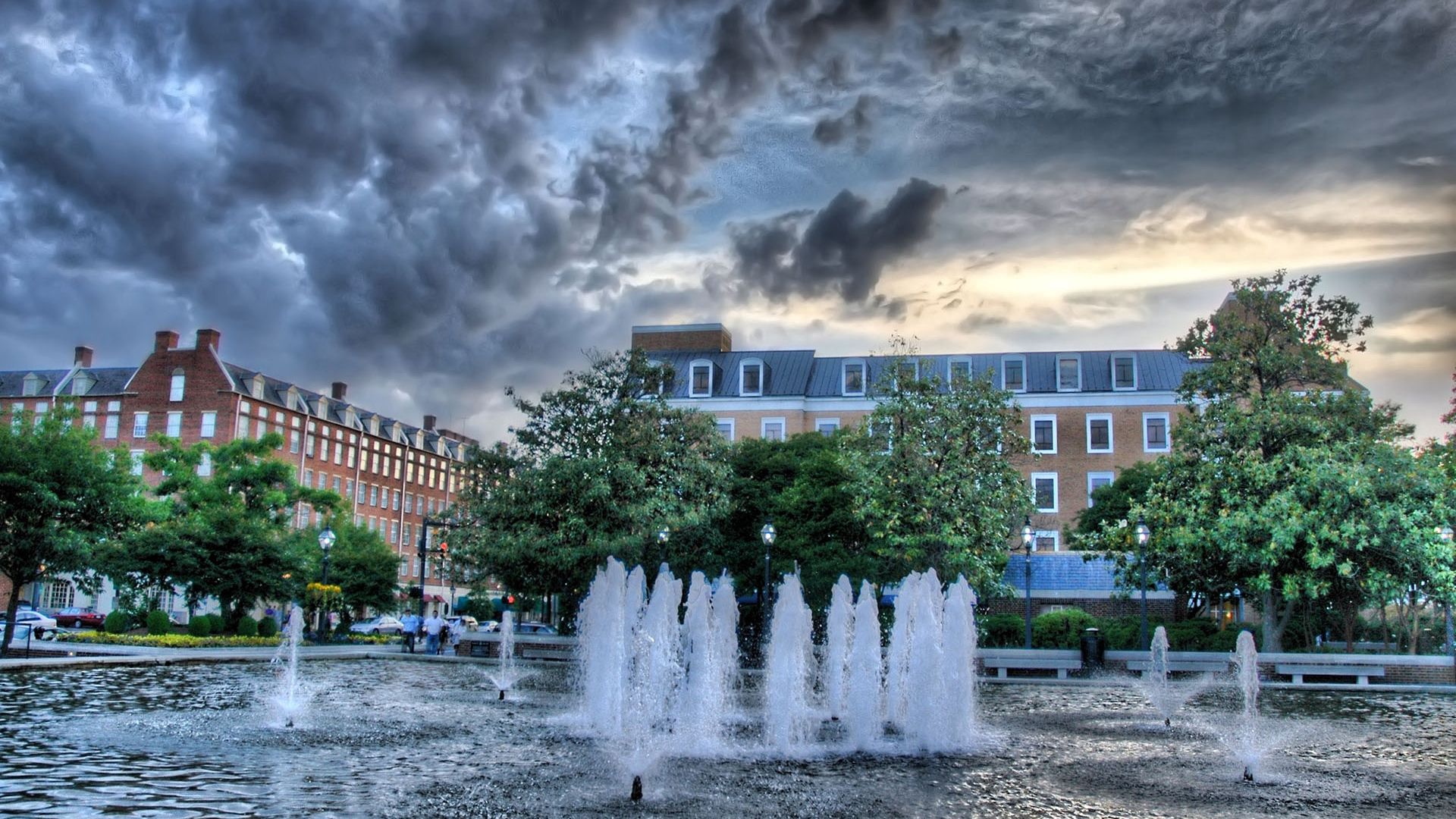 baden, wurttemberg, fountain, buildings, sky, cloudy