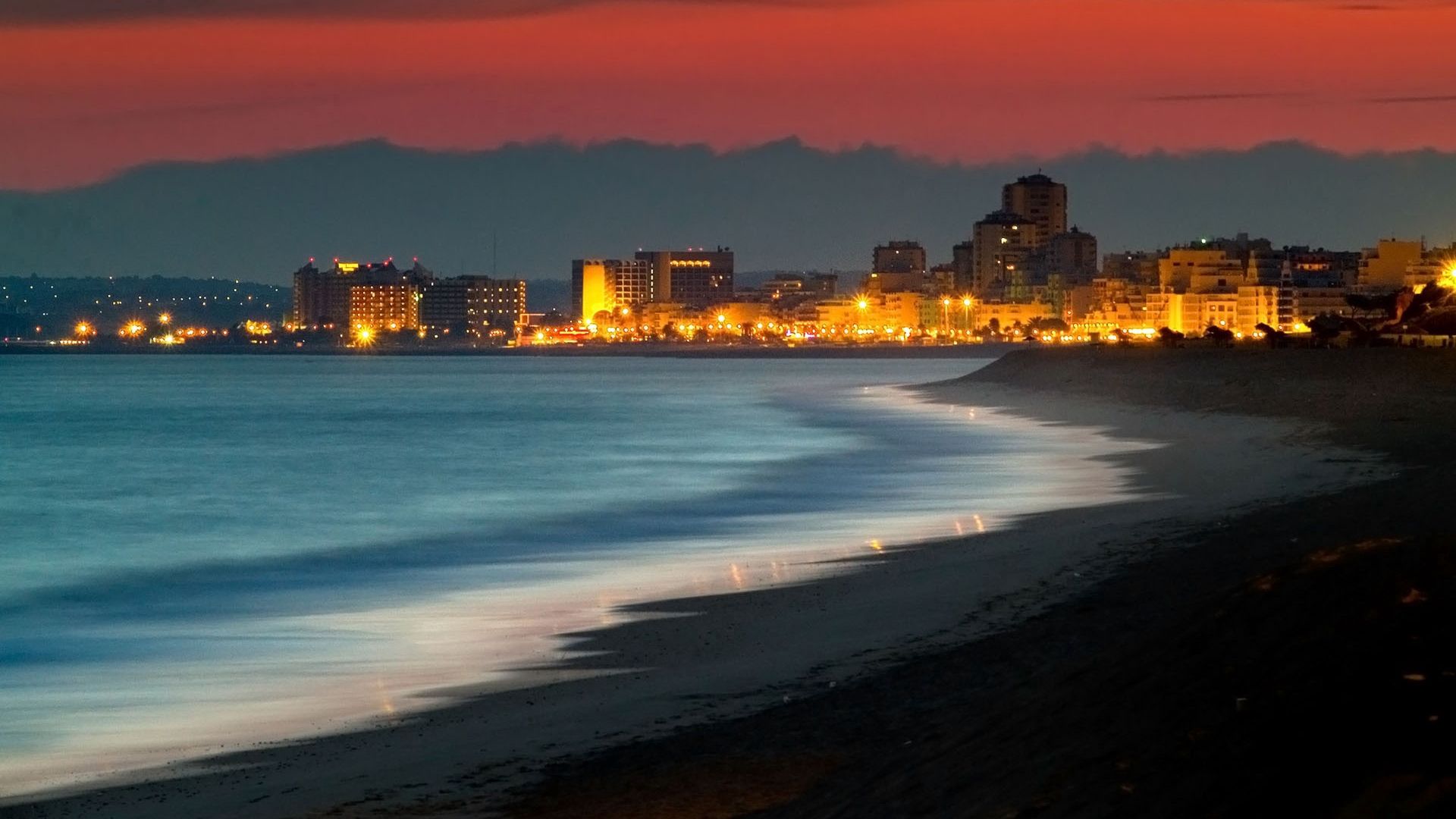 kusadasi, turkey, beach, night, building, light, ocean