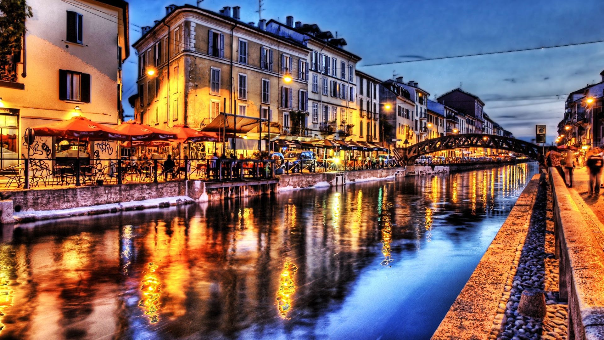 bridge, river, cafes, light, architecture, landscape, hdr