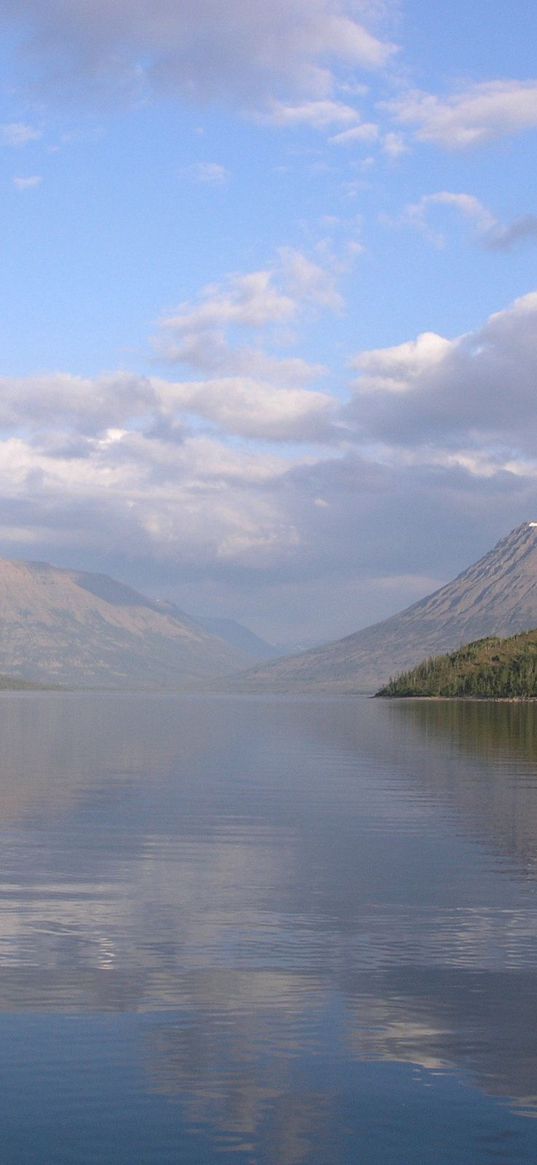 lake, mountains, fog, disseminated, surface, water smooth surface