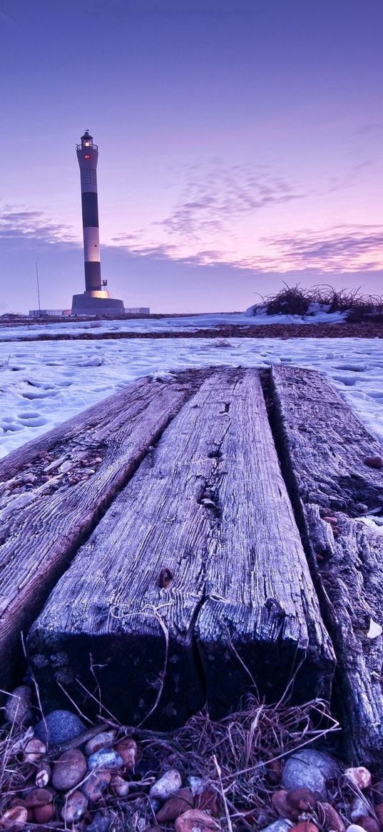 boards, beacon, stones, snow, grass, faded