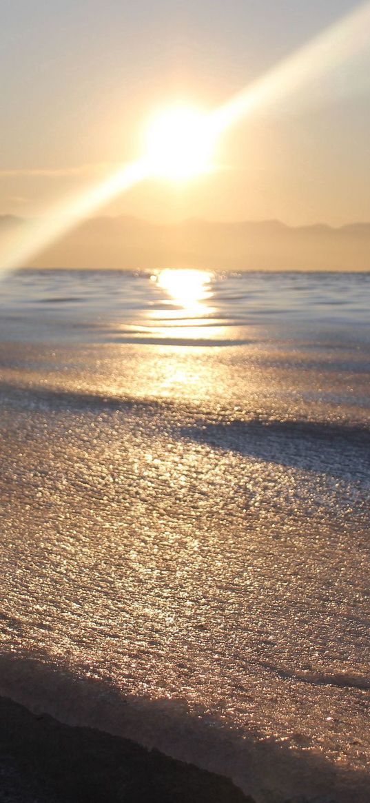 sun, beam, light, diagonal, sea, coast, wave, foam