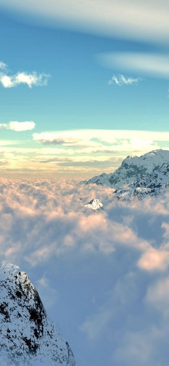 mountains, clouds, height, snow, azure, purity, veil, patterns, cover, clarity