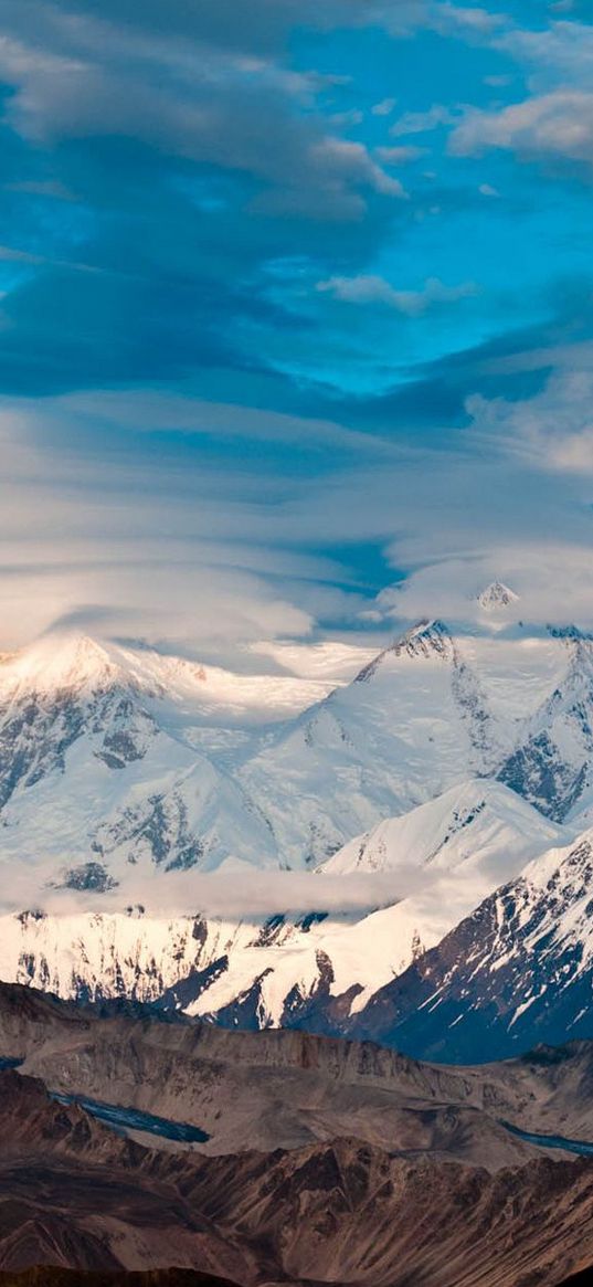 mountains, ridge, relief, from above, sky, clouds, azure, snow, merge