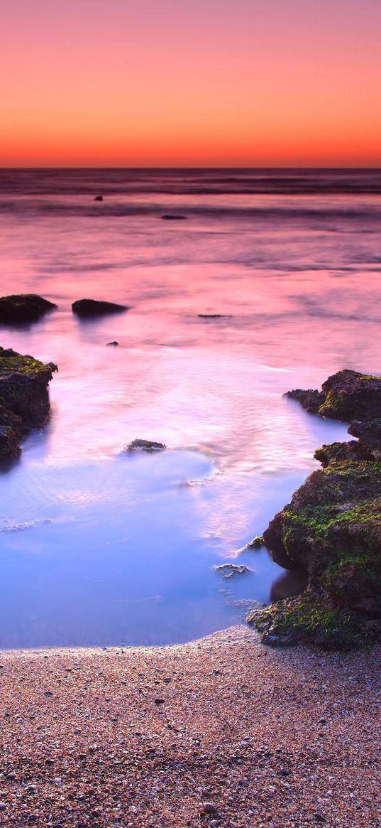 coast, reeves, orange, decline, horizon, line, moss, stones, sand, particles, steam