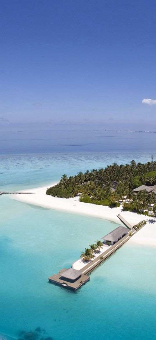 island, resort, land, ocean, palm trees, azure, sky, from above, huts, canopies, pool, boat, paradise, tropics