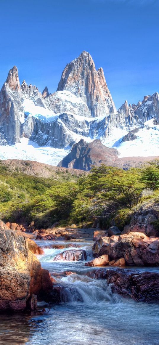 mountains, stones, wood, tops, snow-covered, brightly, stream, river, current, murmur, shadows