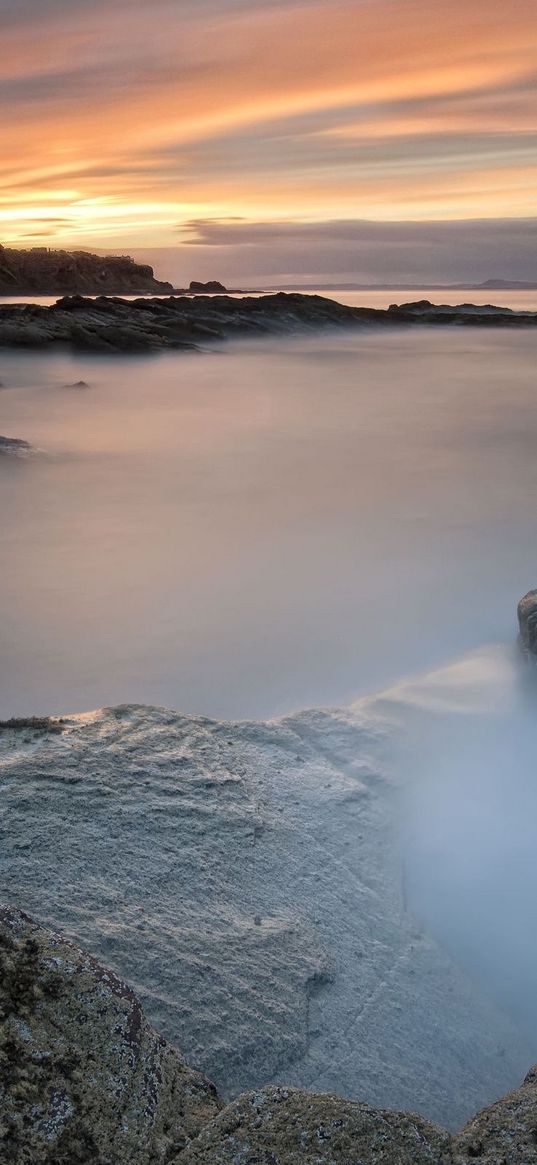 stones, coast, steam, haze, lock, distance, rocks, reeves