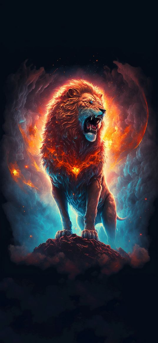 lion, roar, art, smoke, fire