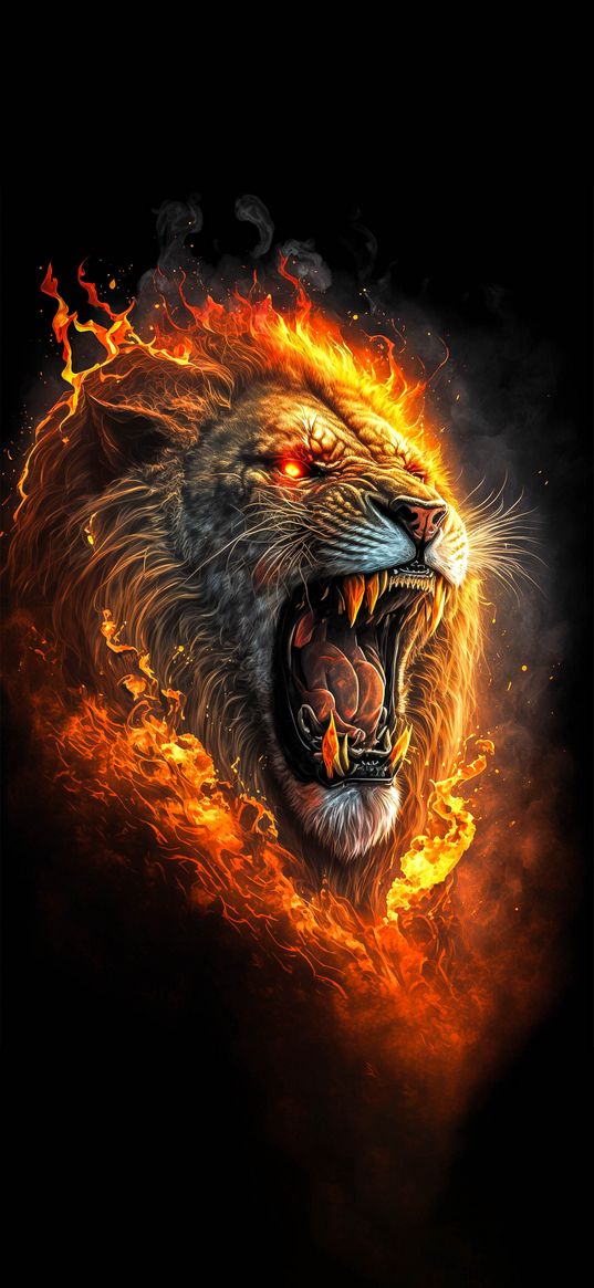 lion, fire, dark, roar, art