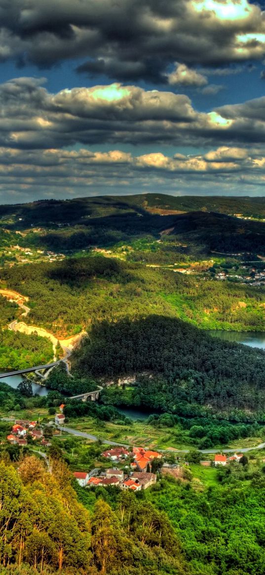 island, from above, river, city, woods, hills, clouds, shadows, sky, brightly, contrast, look, landscape