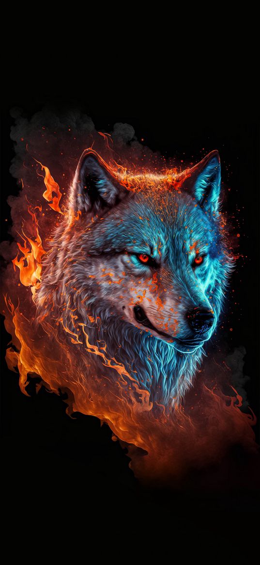 wolf, dark, fire, smoke