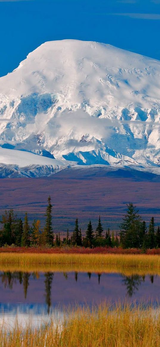 mountain, snow-covered, top, autumn, trees, lake, clouds, reflections, haze, sky, blue, harmony