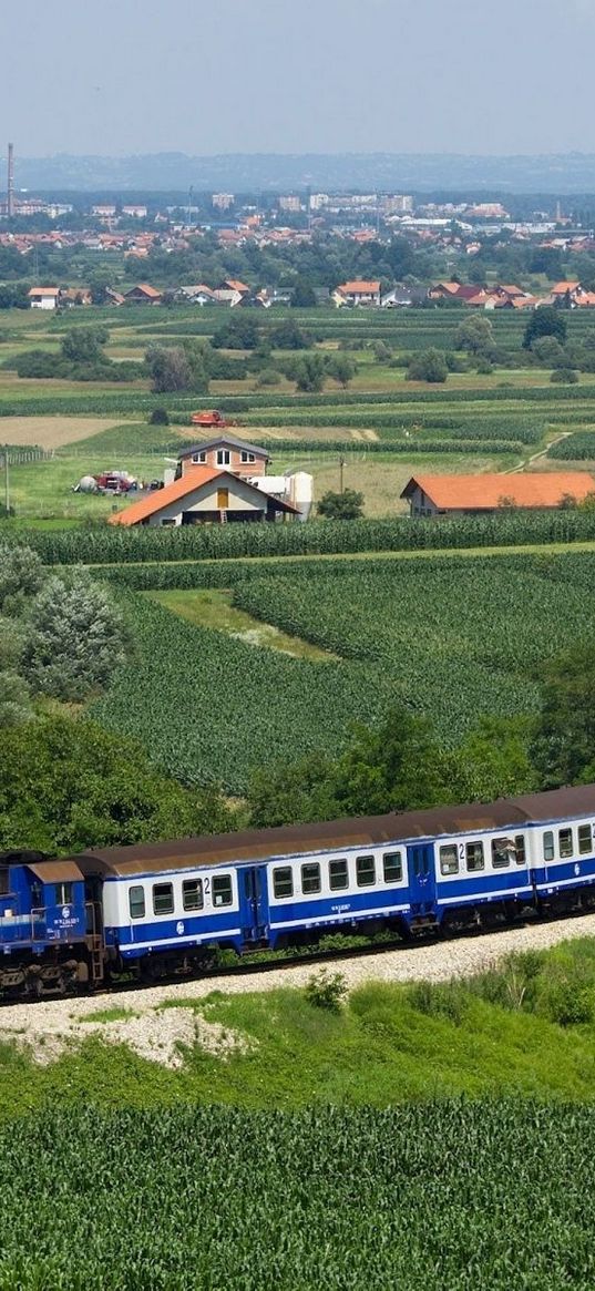 train, structure, dark blue, fields, trees, from above, city, suburb, distance, summer, railway