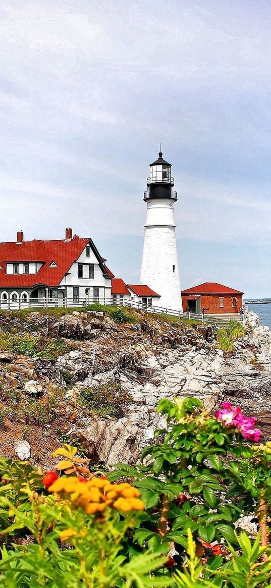 beacon, coast, rocks, flowers, herbs, berry, landscape, sea