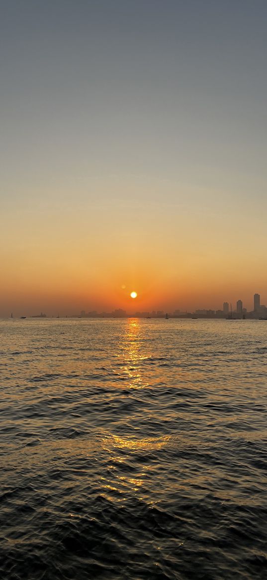 sunset, yellow, orange, mumbai, skyline, skyscraper, water, sea