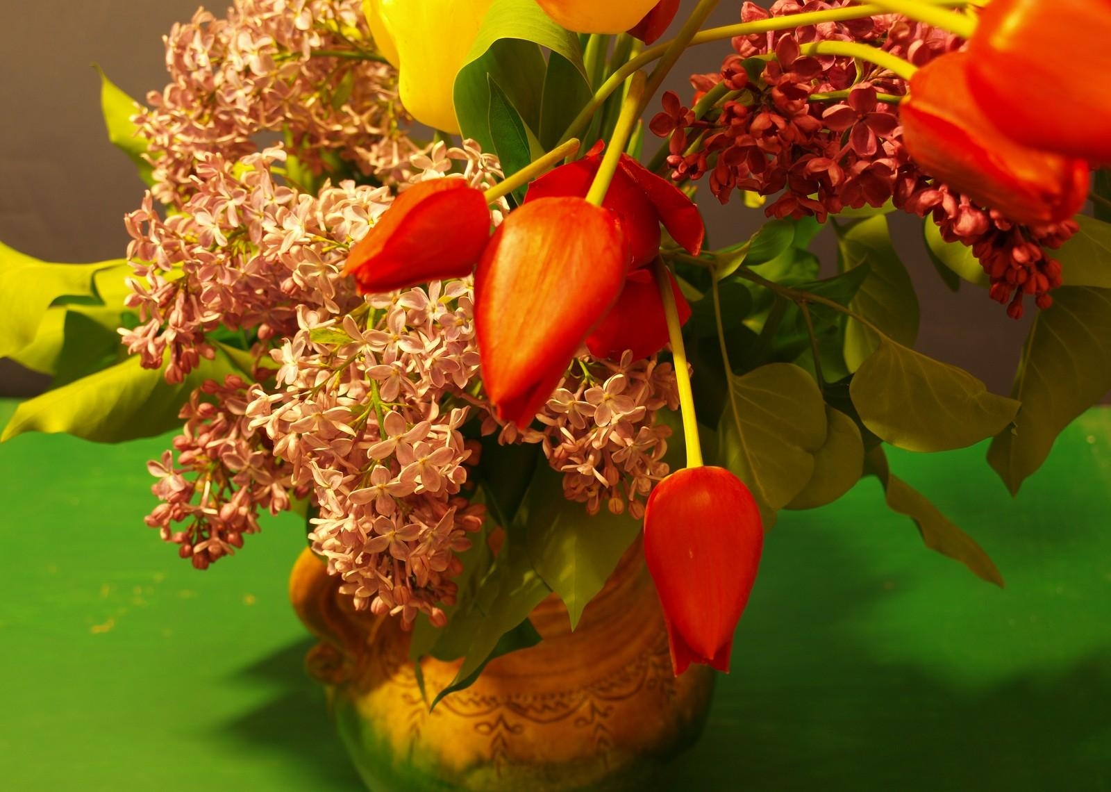 lilacs, tulips, bouquet, vase, spring